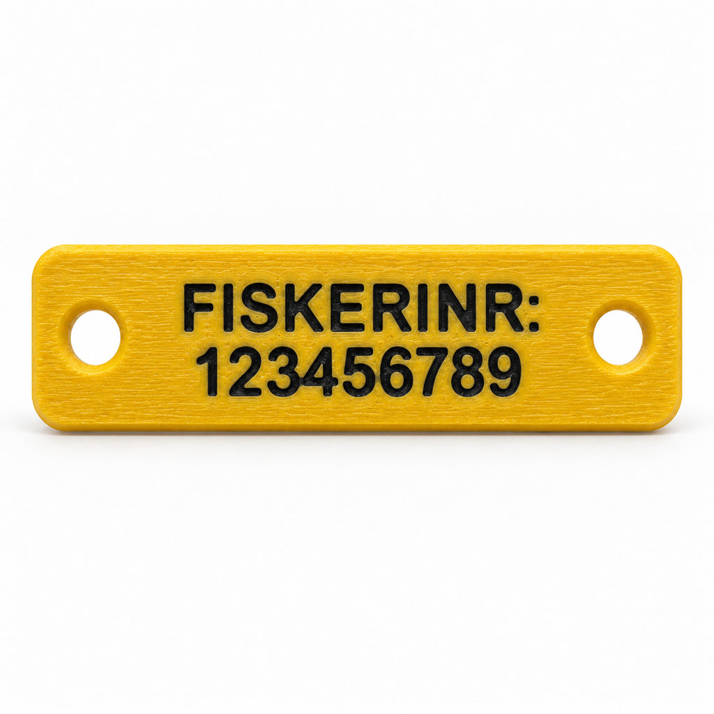 Gult redskabsmærke til fritidsfiskere, rundet med to huller